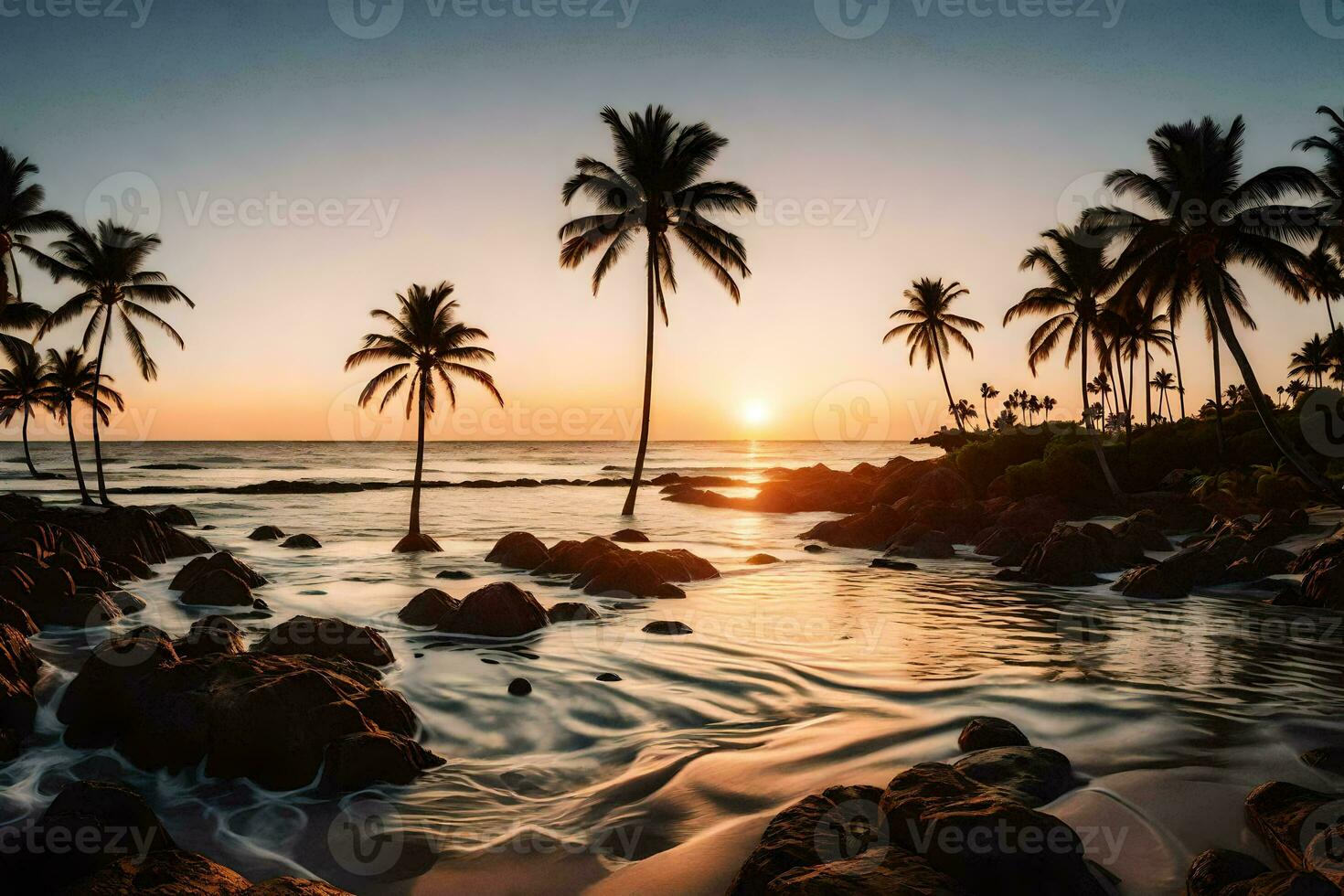 il sole imposta al di sopra di il oceano e il spiaggia nel Questo foto. ai-generato foto