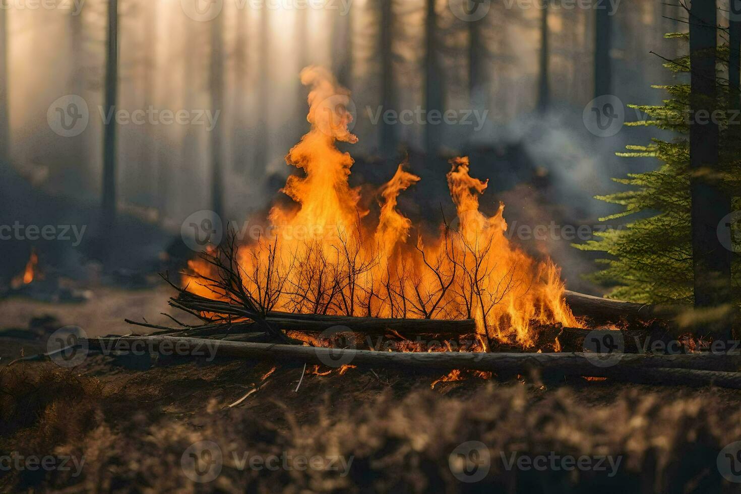 un' fuoco ustioni nel il foresta. ai-generato foto