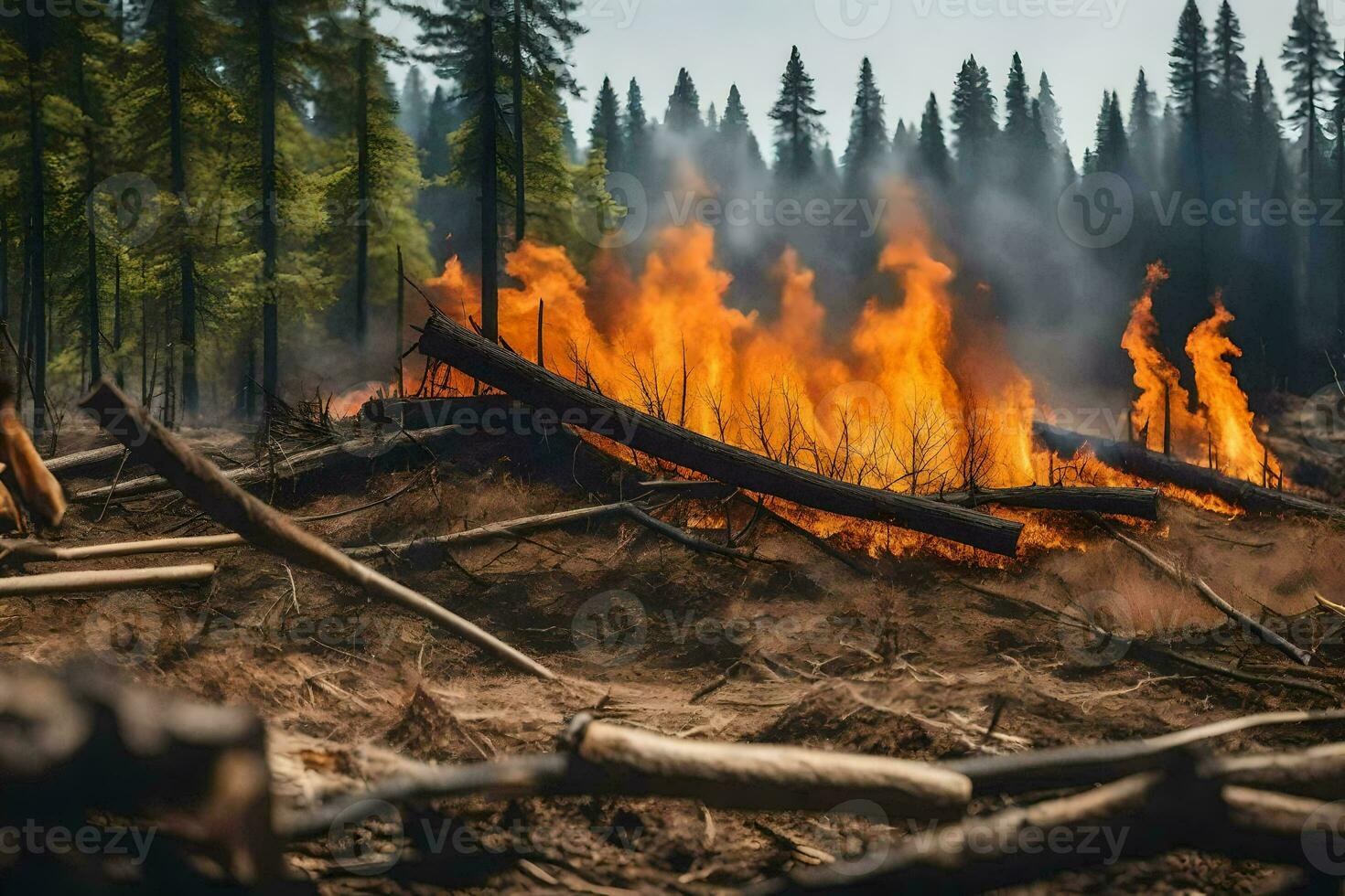 un' foresta fuoco nel il mezzo di un' foresta. ai-generato foto