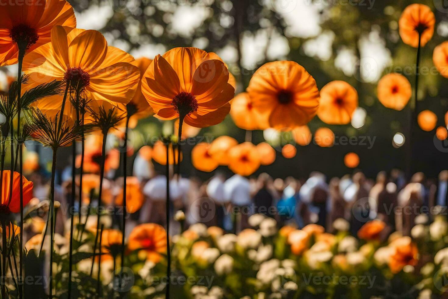 arancia fiori nel un' giardino con persone nel il sfondo. ai-generato foto