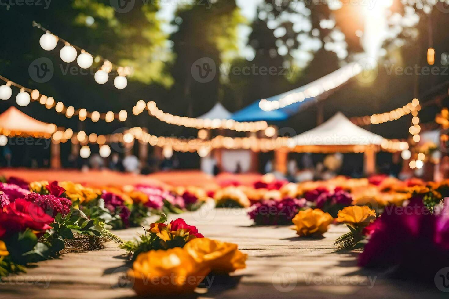 fiori siamo sparpagliato su il terra nel davanti di un' tenda. ai-generato foto