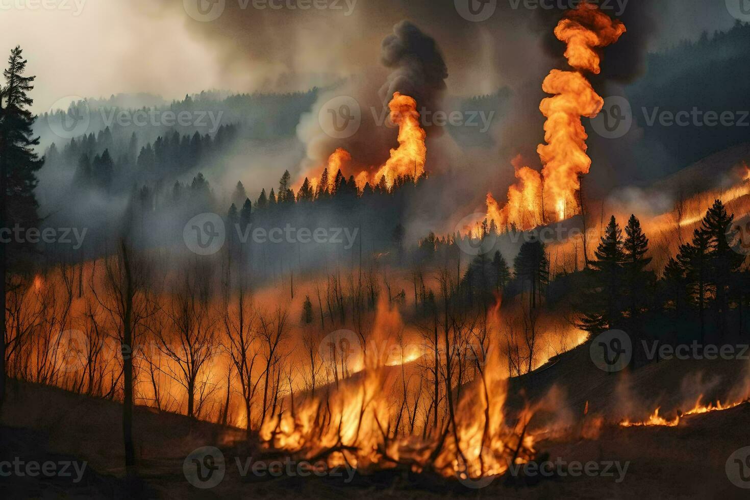 un' wildfire ustioni nel il foresta vicino alberi. ai-generato foto