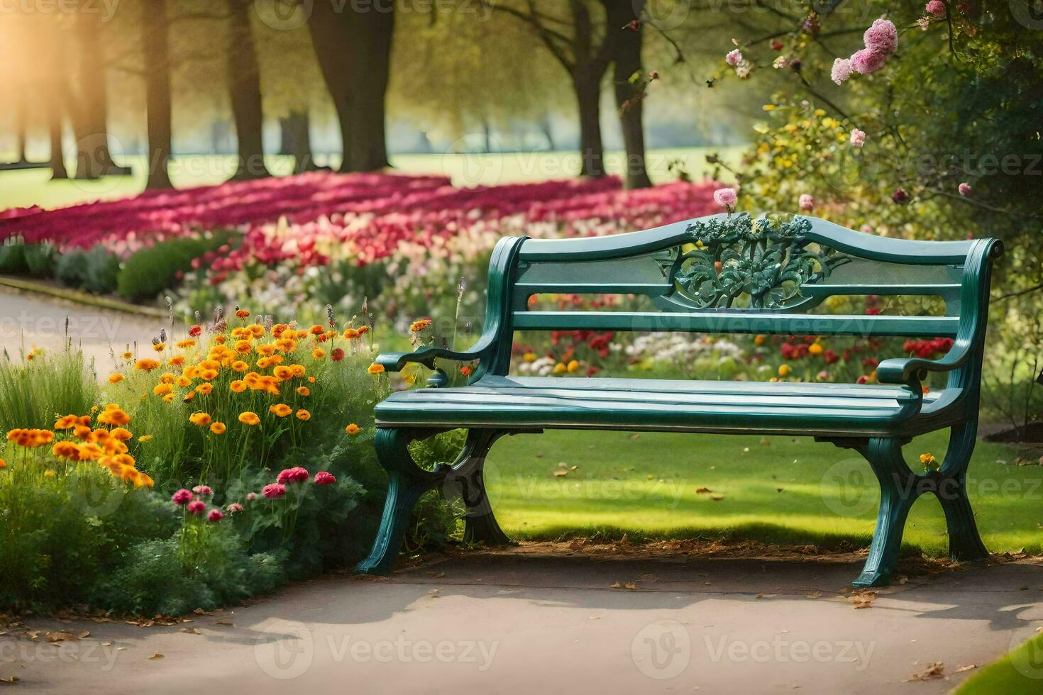 un' parco panchina nel davanti di un' giardino con fiori. ai-generato foto