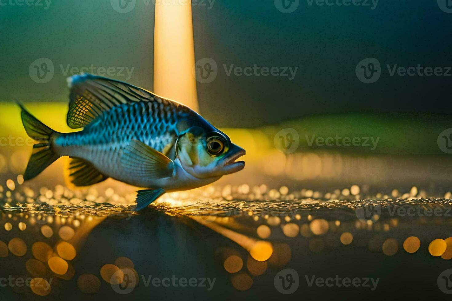 un' pesce è in piedi su il terra con acqua goccioline. ai-generato foto