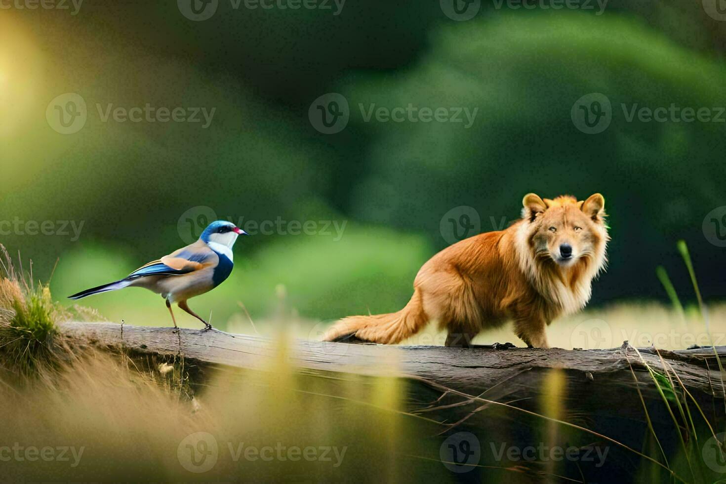 un' Volpe e un' uccello nel il selvaggio. ai-generato foto