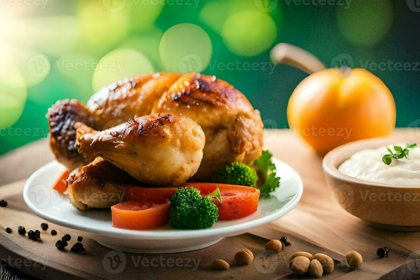 un' pollo su un' piatto con verdure e immersione. ai-generato foto