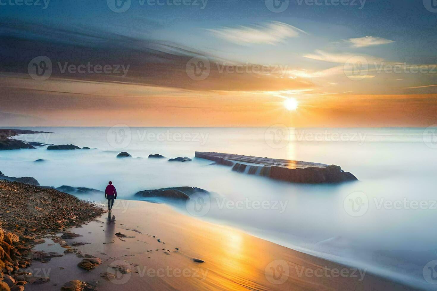 un' uomo passeggiate lungo il spiaggia a tramonto. ai-generato foto