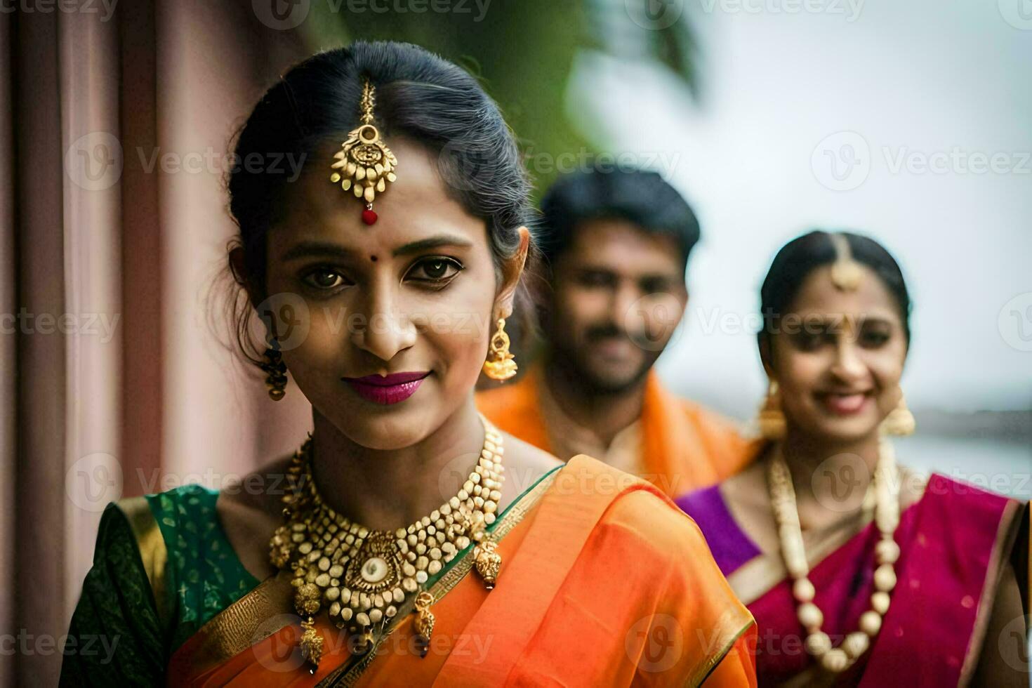 un' donna nel un arancia sari con sua famiglia. ai-generato foto