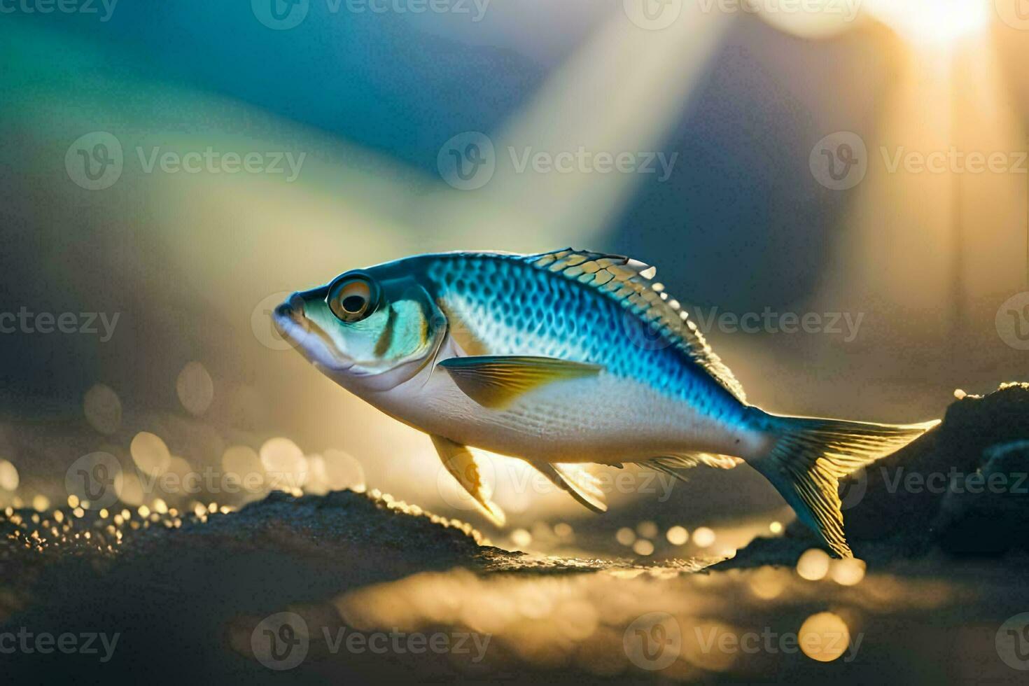 un' pesce è in piedi su il spiaggia con luce del sole splendente. ai-generato foto