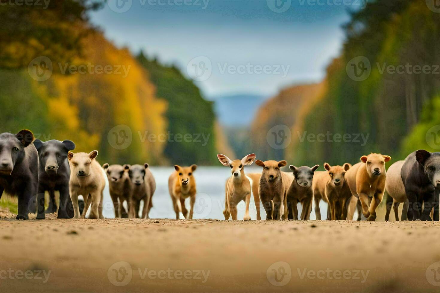 un' mandria di selvaggio animali a piedi giù un' strada. ai-generato foto