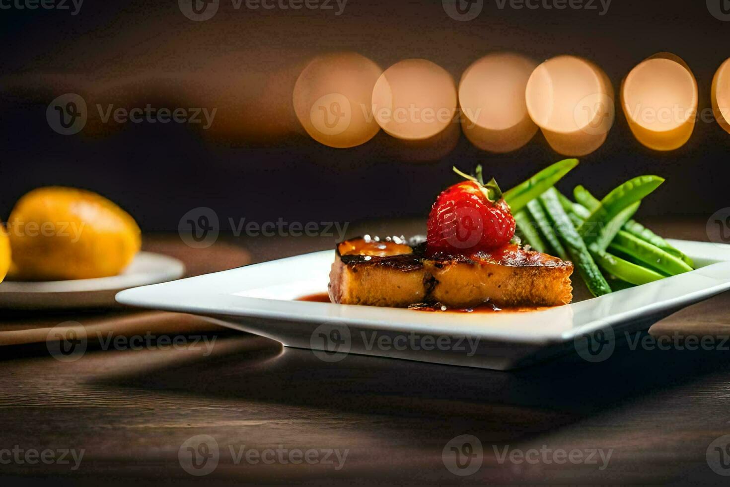 un' piatto di cibo con fragole e verde fagioli. ai-generato foto