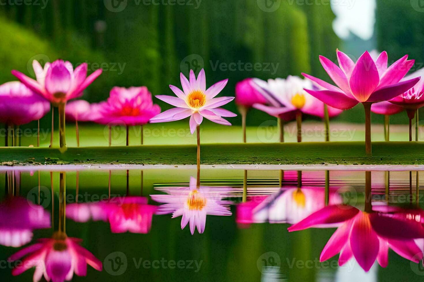 rosa loto fiori siamo riflessa nel il acqua. ai-generato foto