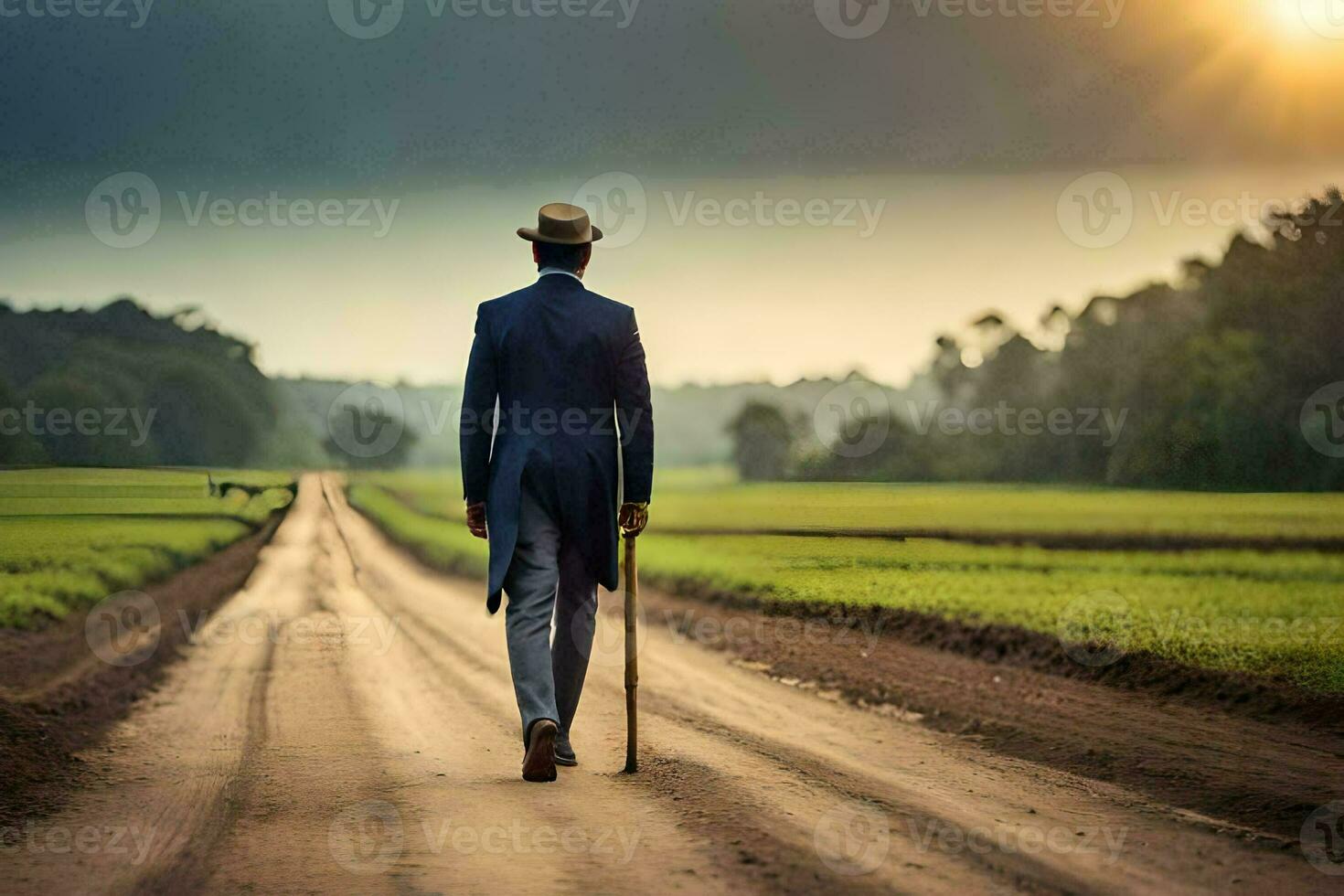 un' uomo nel un' completo da uomo passeggiate giù un' sporco strada. ai-generato foto