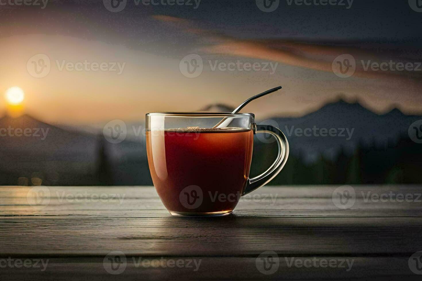 un' tazza di tè su un' di legno tavolo con un' montagna nel il sfondo. ai-generato foto