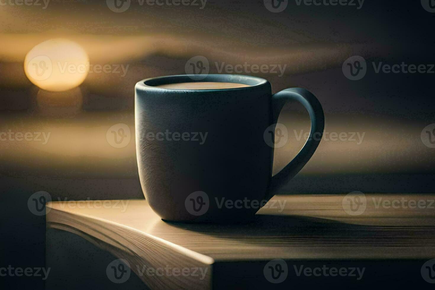 un' caffè tazza si siede su un' tavolo nel davanti di un' tramonto. ai-generato foto