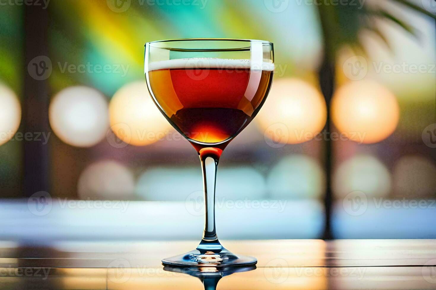un' bicchiere di vino su un' tavolo nel davanti di un' sfocato sfondo. ai-generato foto