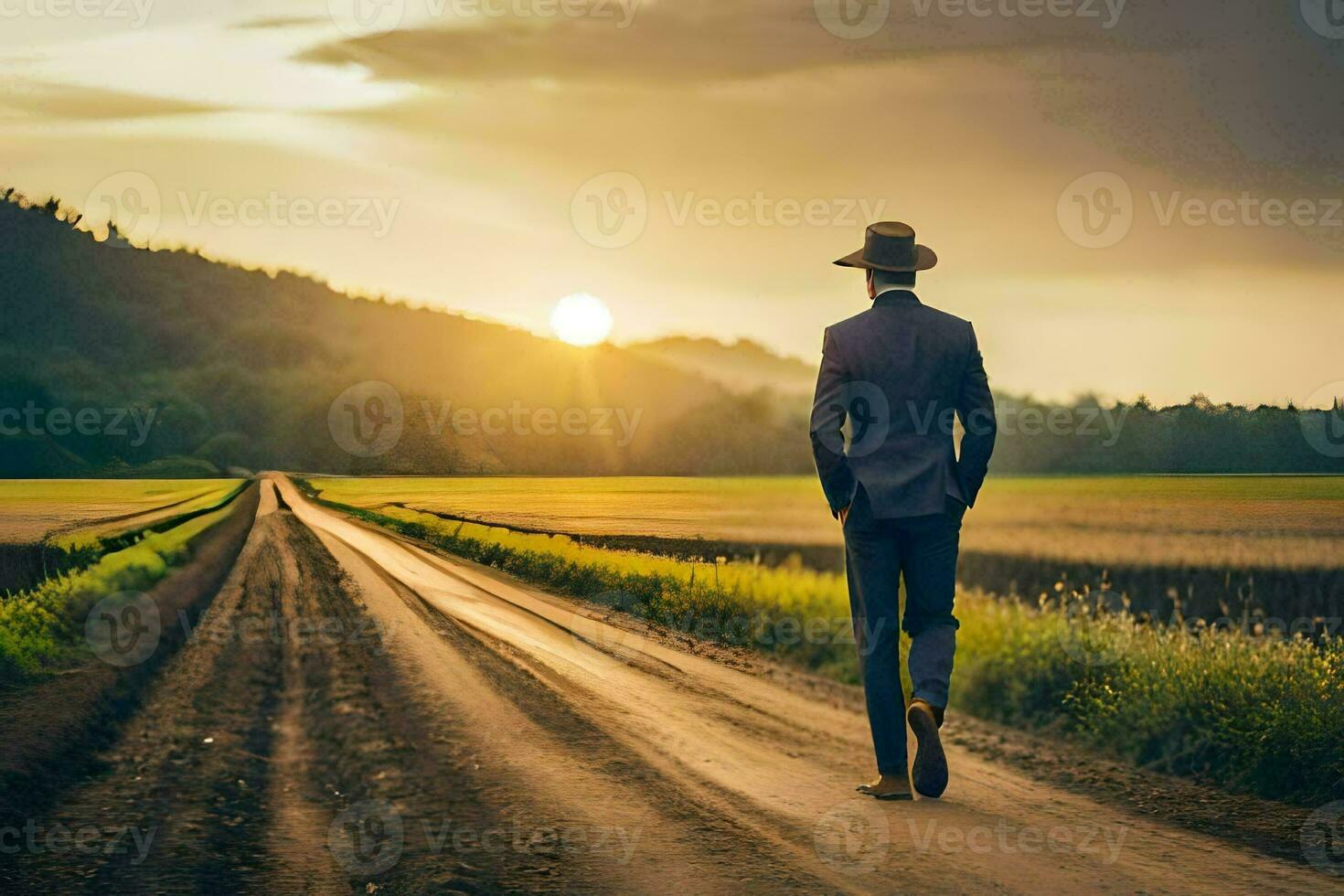 un' uomo nel un' completo da uomo passeggiate giù un' sporco strada a tramonto. ai-generato foto