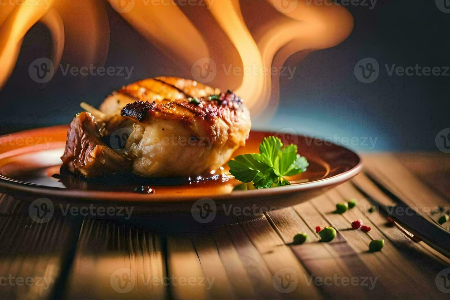 un' piatto di cibo con un' fiamma nel il sfondo. ai-generato foto