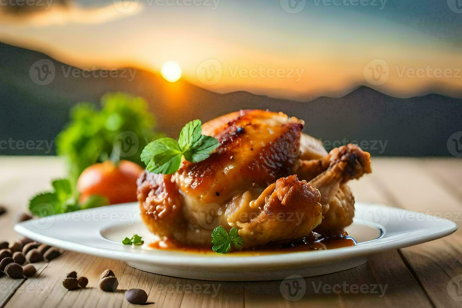 pollo su un' piatto con un' tramonto nel il sfondo. ai-generato foto