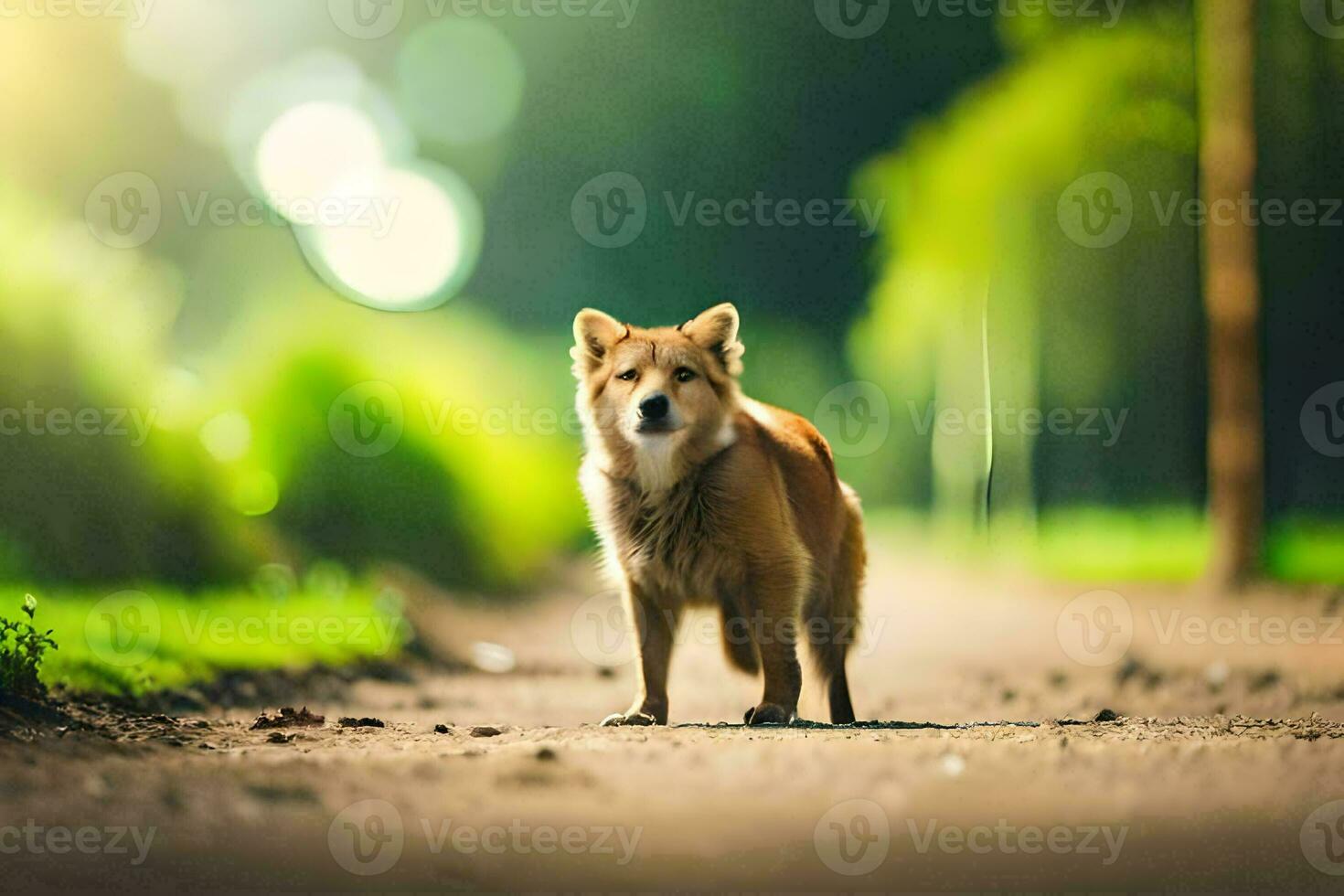 un' cane in piedi su un' sporco strada nel il mezzo di un' foresta. ai-generato foto