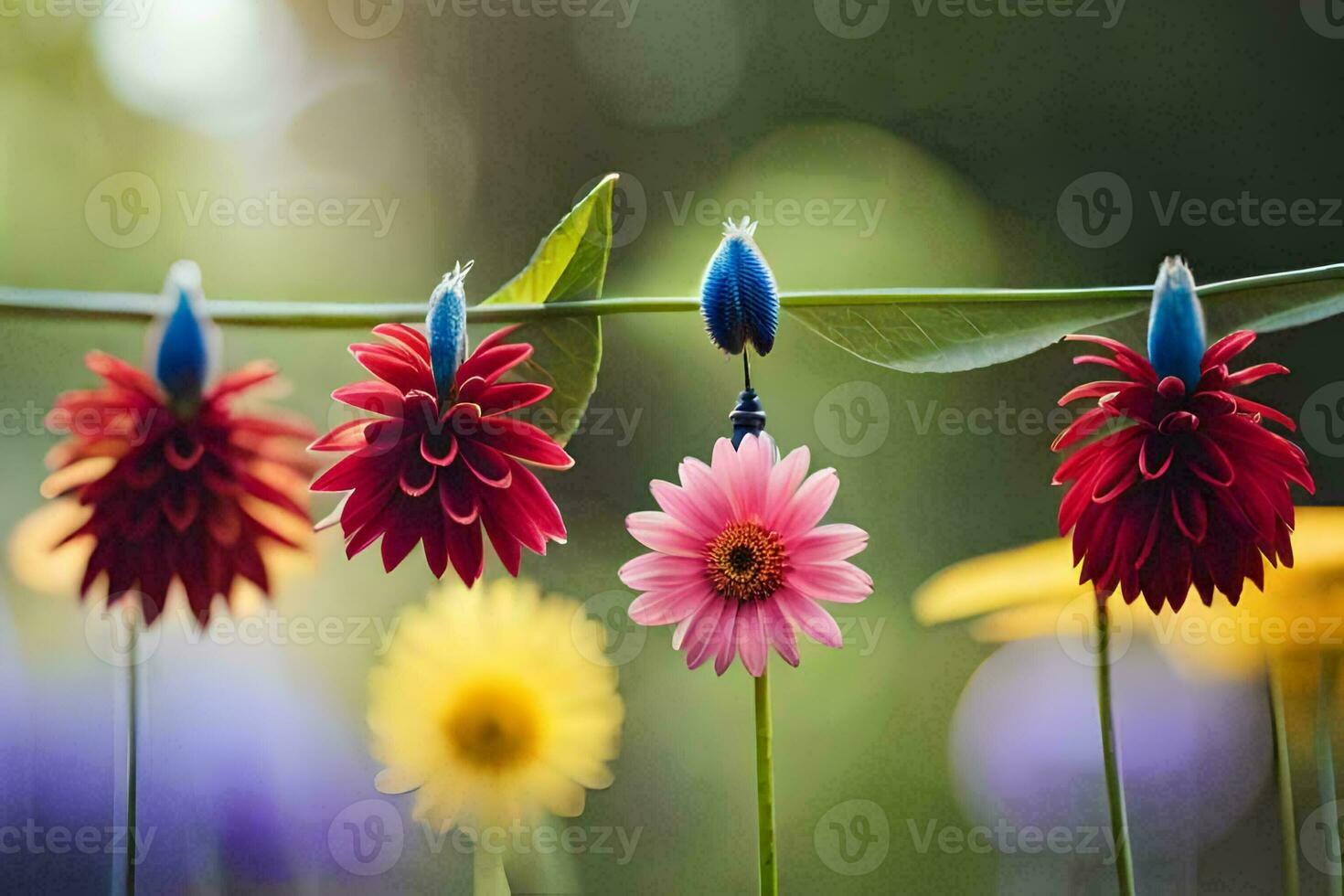 colorato fiori sospeso a partire dal un' corda. ai-generato foto