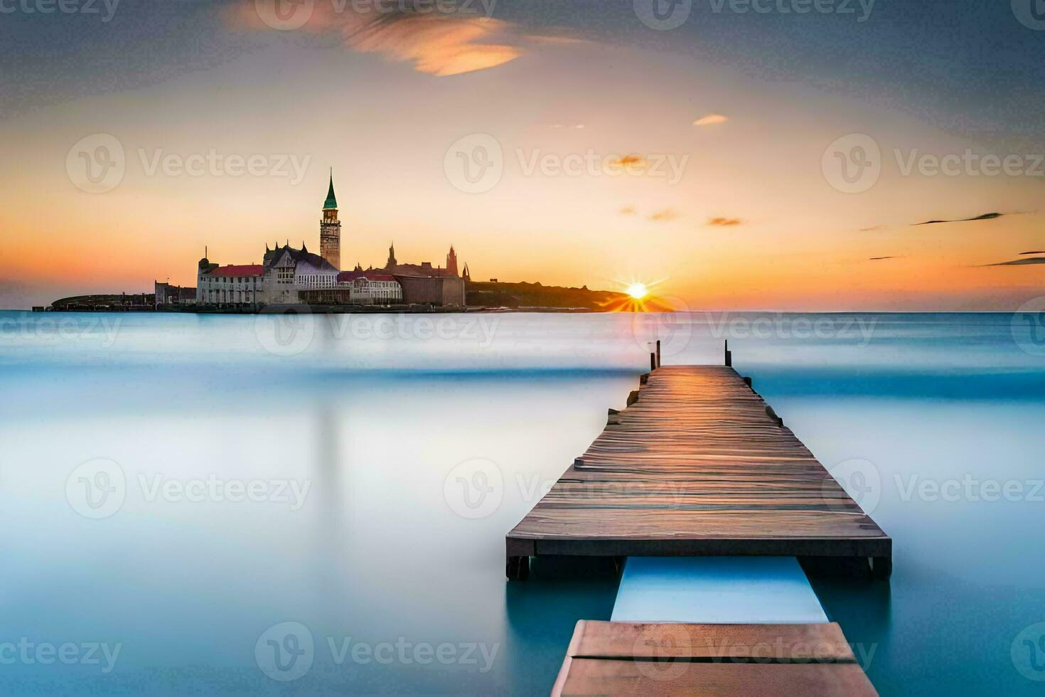 un' molo allungamento in il oceano a tramonto. ai-generato foto