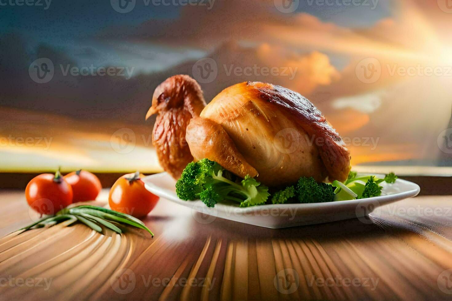 un' arrostito pollo su un' piatto con broccoli e pomodori. ai-generato foto