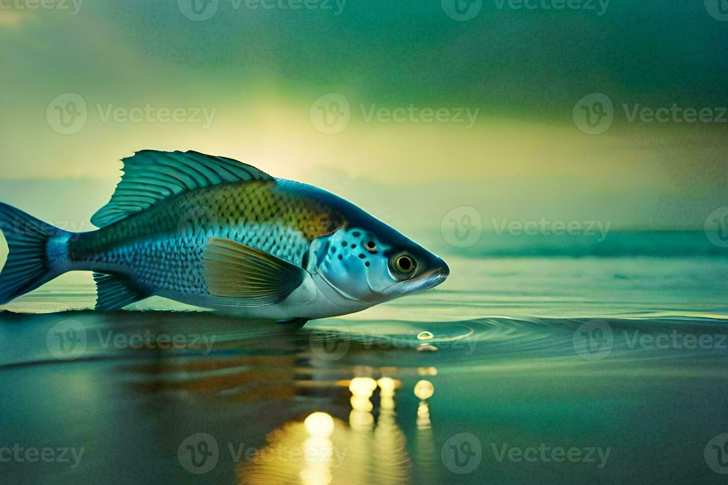 un' pesce è a piedi su il spiaggia a tramonto. ai-generato foto