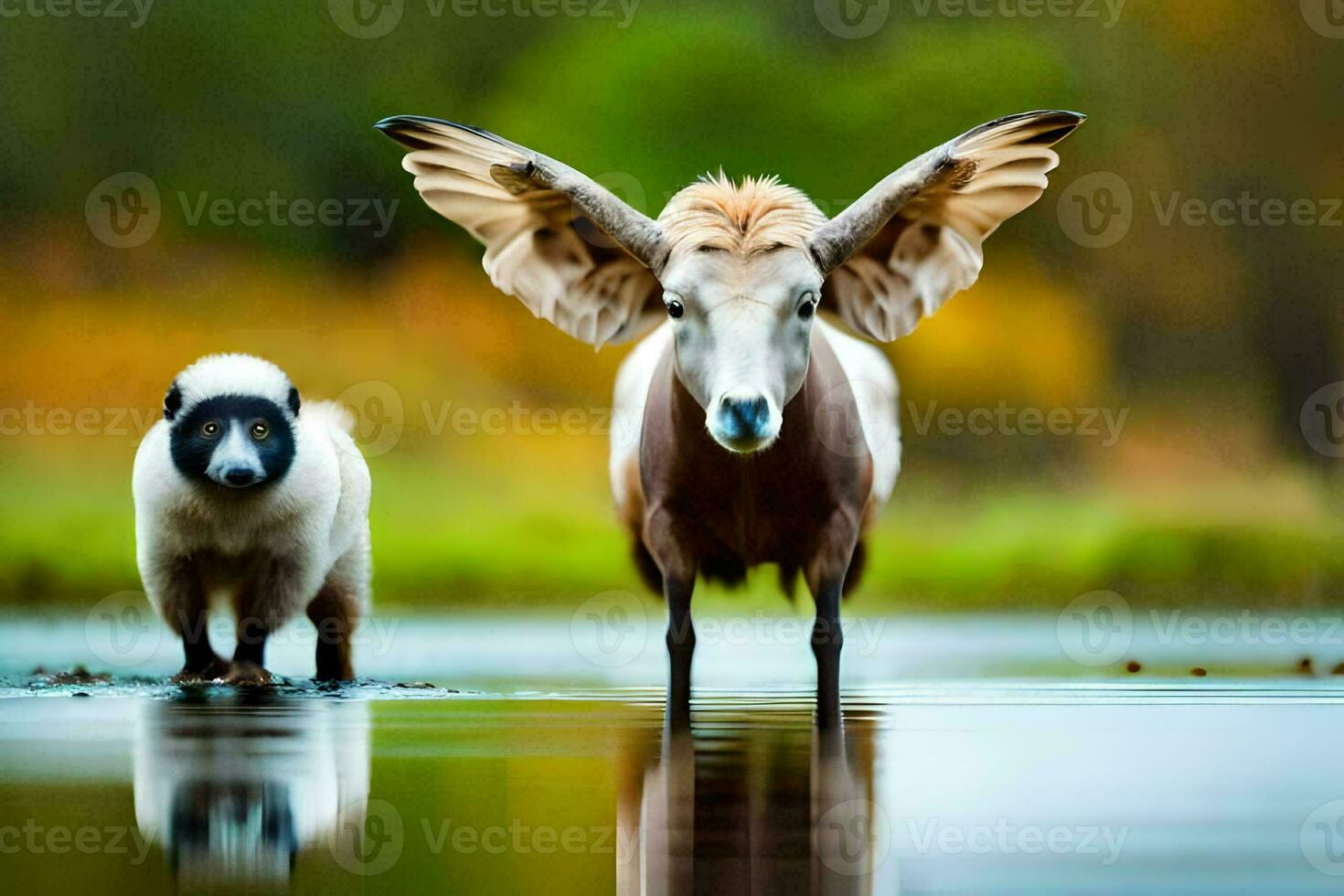 un' capra e un' pecora in piedi nel il acqua. ai-generato foto