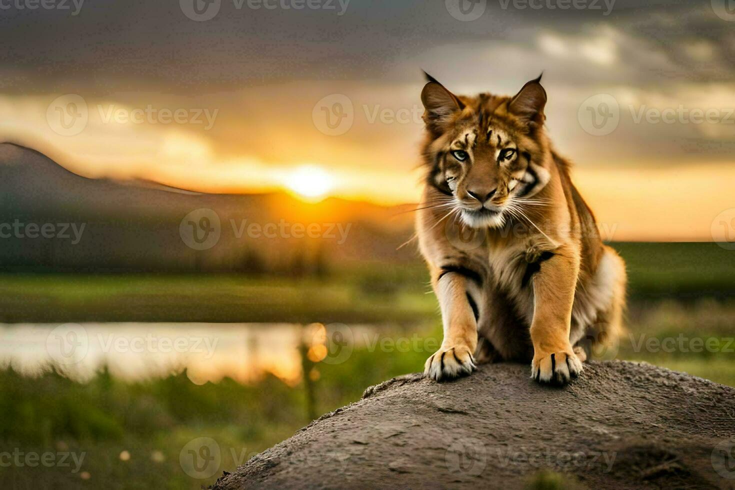 un' tigre seduta su un' roccia nel davanti di un' tramonto. ai-generato foto