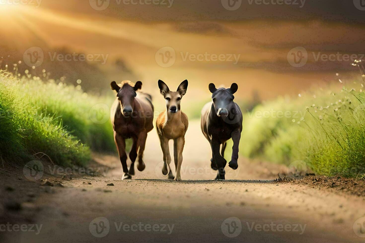 tre cavalli in esecuzione giù un' sporco strada. ai-generato foto