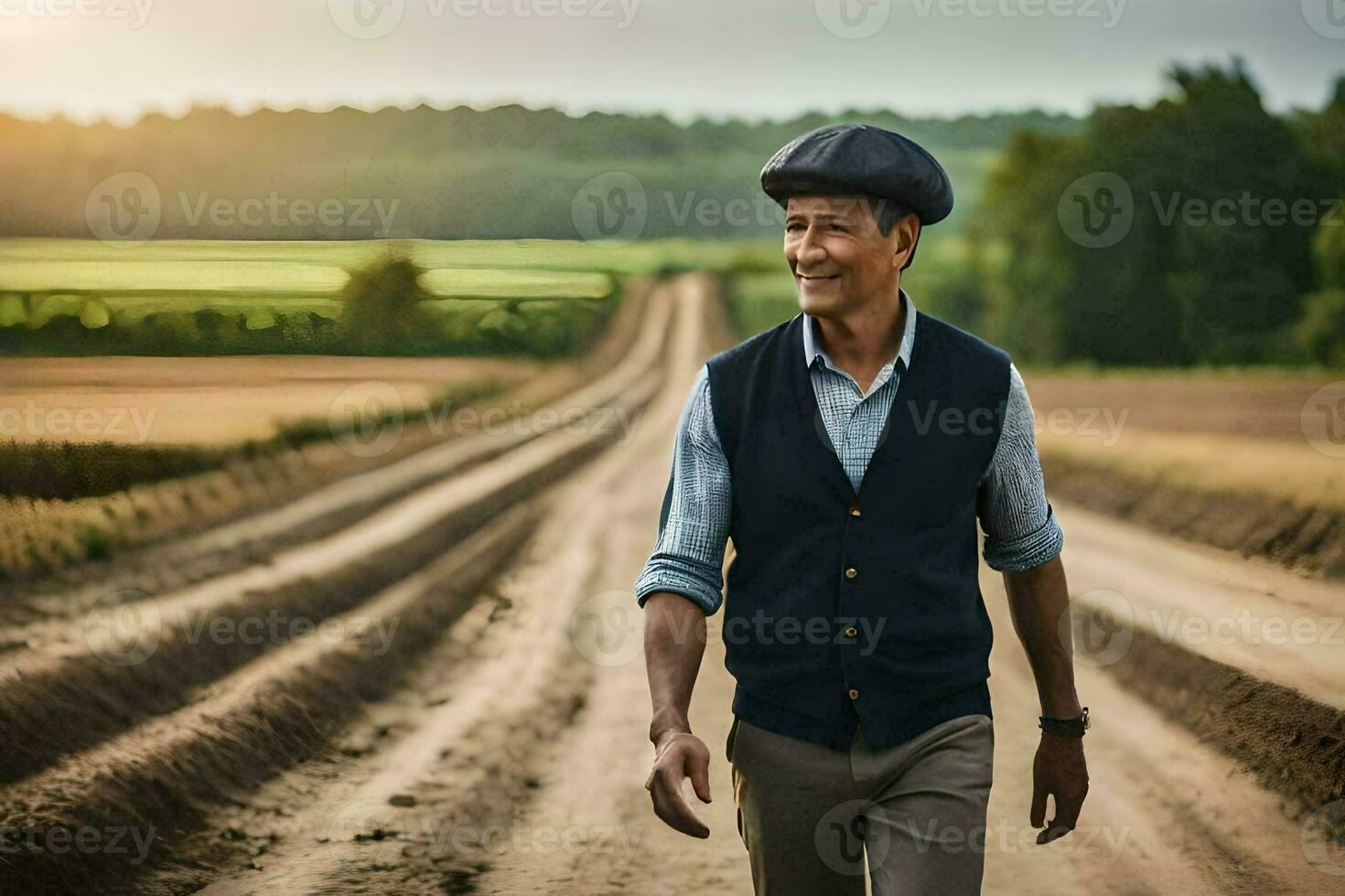 un' uomo indossare un' cappello passeggiate giù un' sporco strada. ai-generato foto