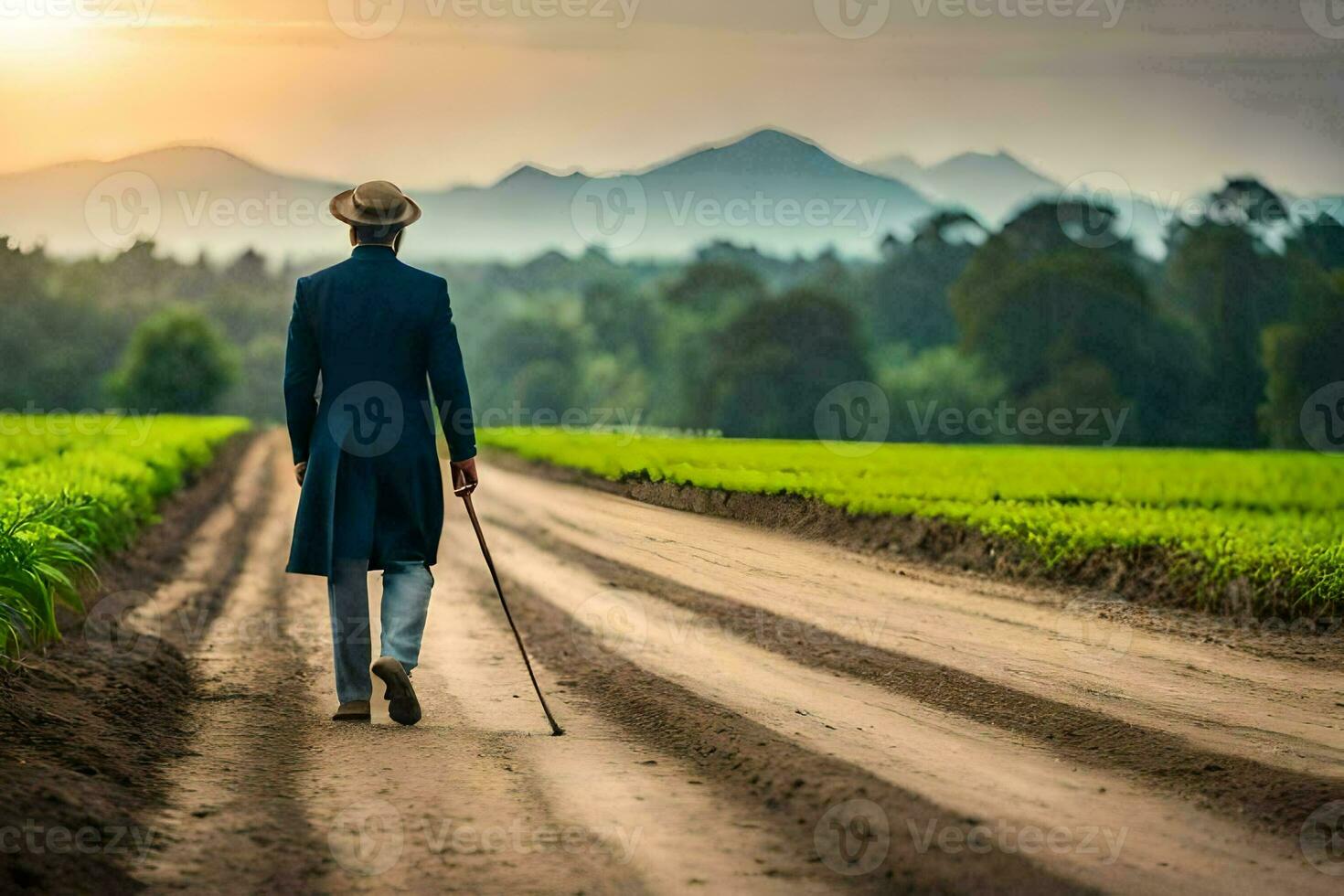 un' uomo nel un' completo da uomo passeggiate giù un' sporco strada. ai-generato foto