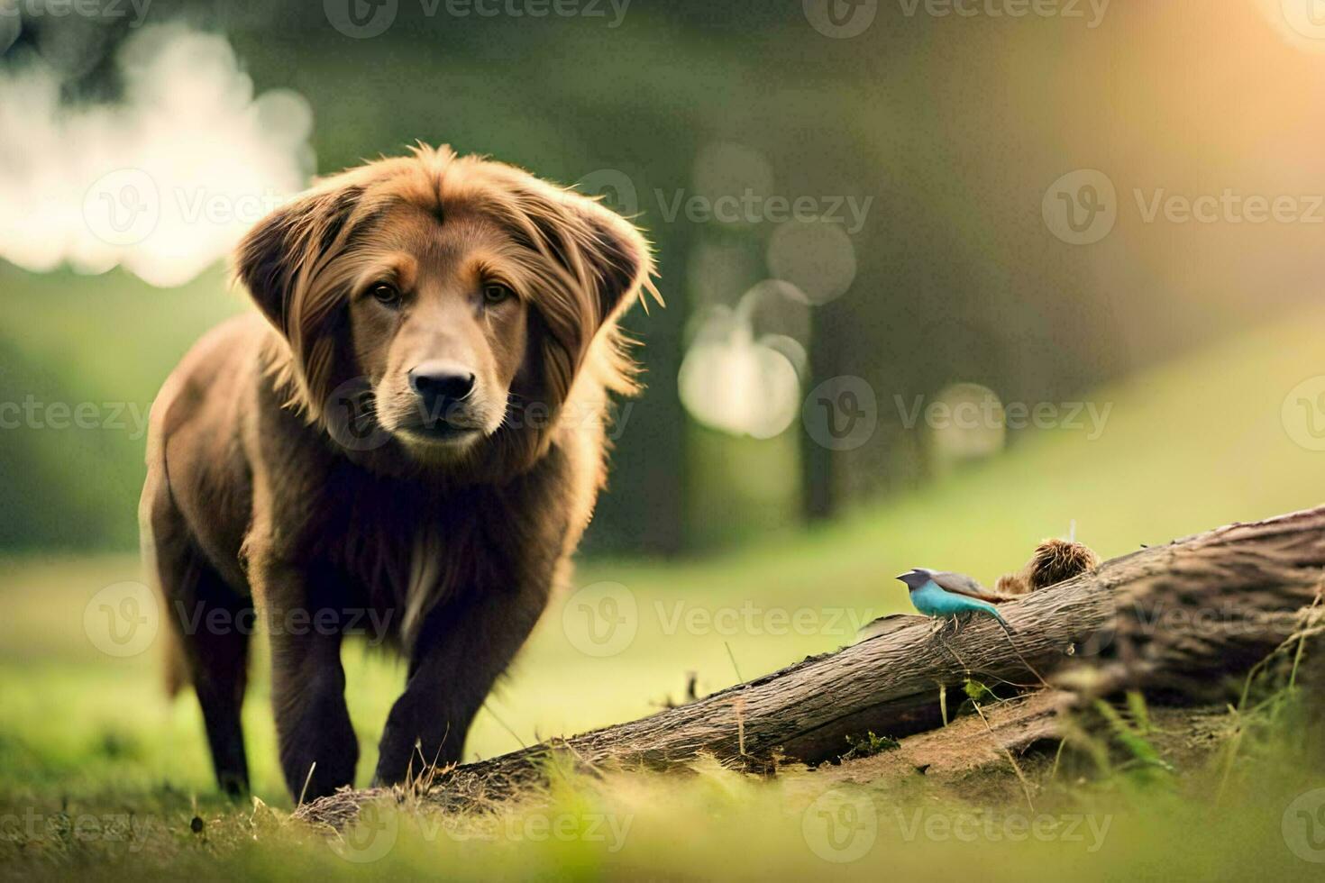 un' cane e un' uccello nel il foresta. ai-generato foto
