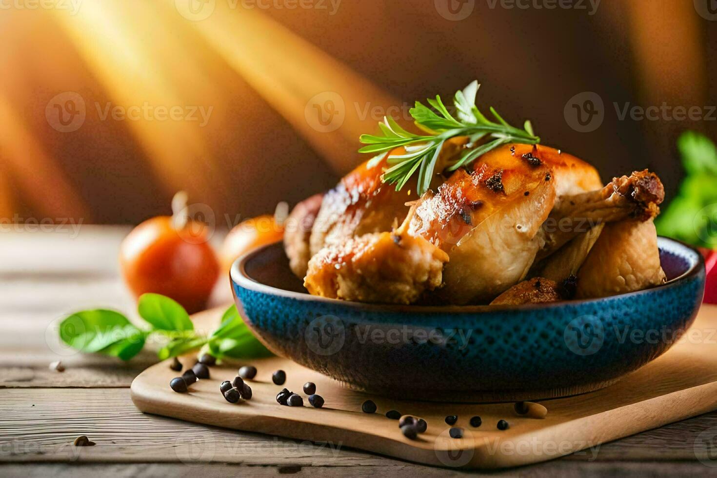 pollo nel un' blu ciotola con erbe aromatiche e spezie su un' di legno tavolo. ai-generato foto