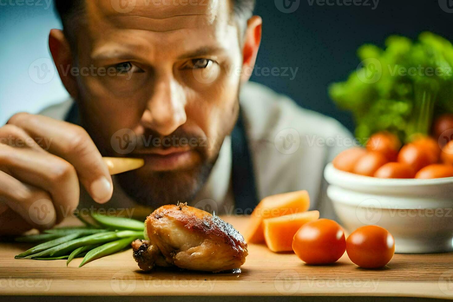 un' uomo è mangiare un' pollo con verdure. ai-generato foto