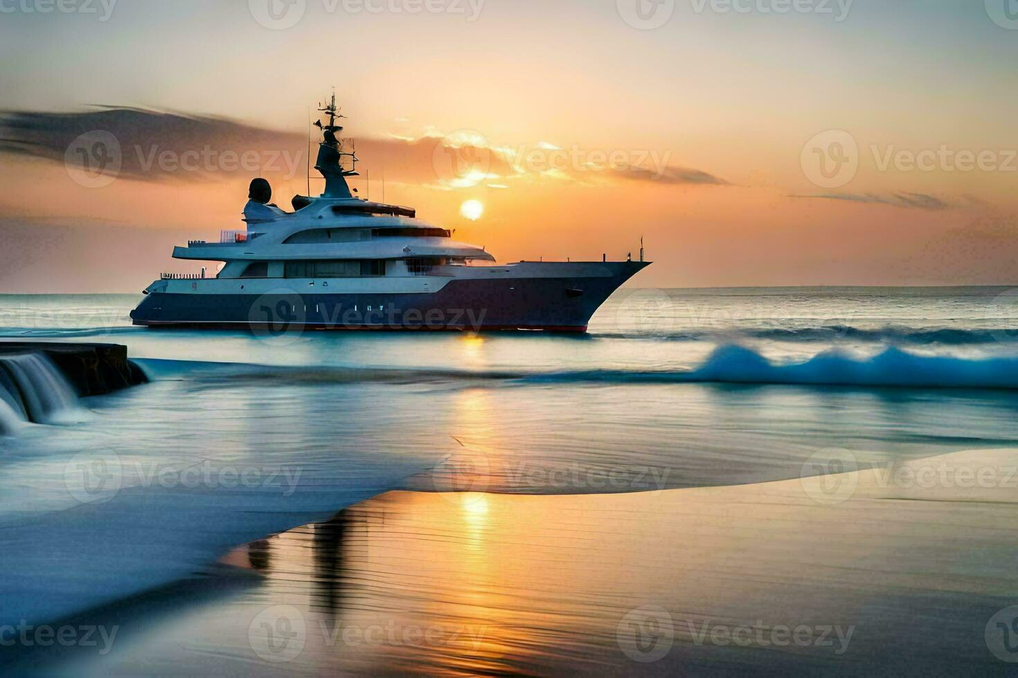un' yacht andare in barca nel il oceano a tramonto. ai-generato foto