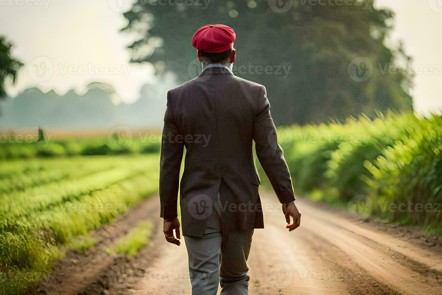 un' uomo nel un' completo da uomo e rosso berretto passeggiate giù un' sporco strada. ai-generato foto