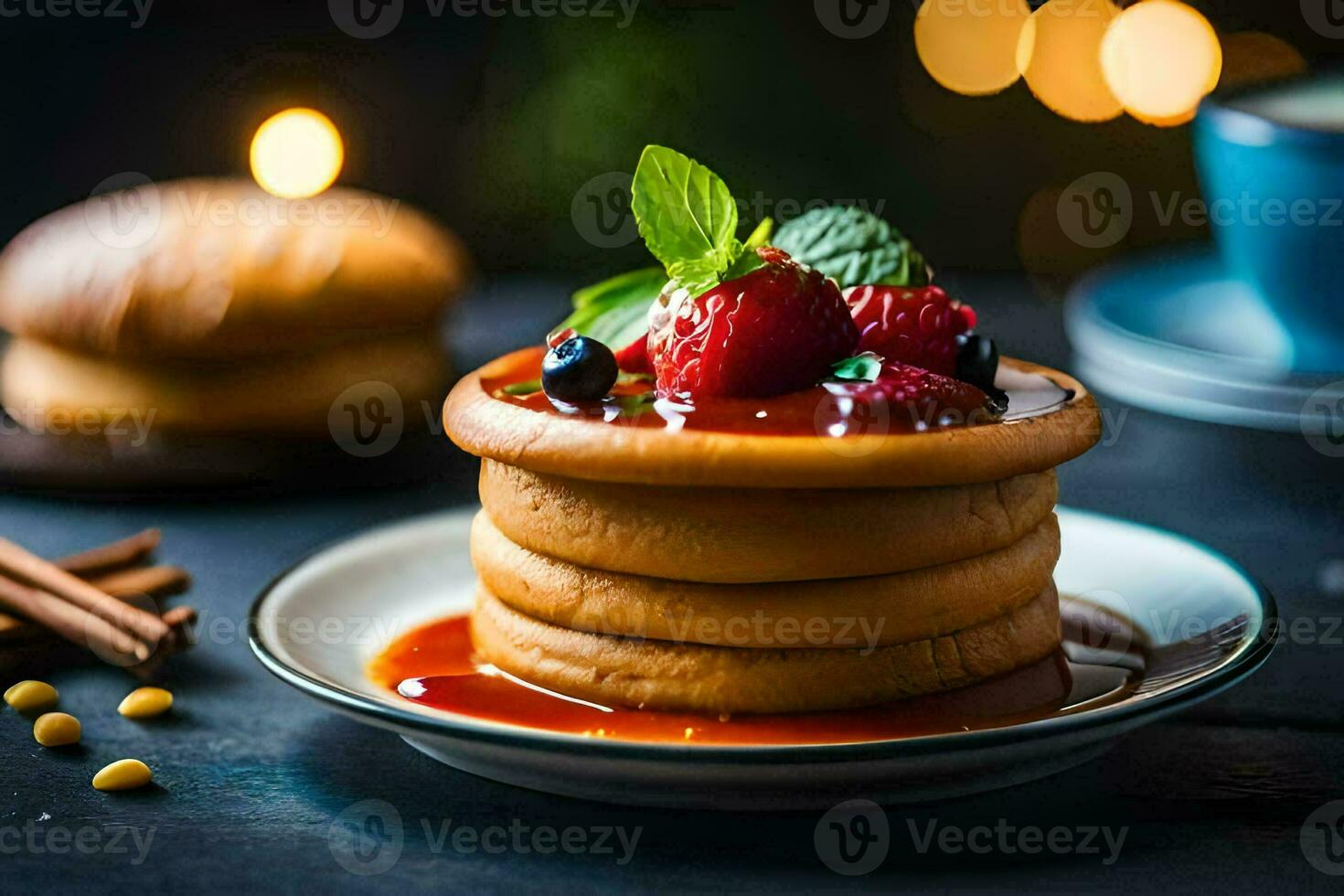 un' pila di Pancakes con frutti di bosco e cannella. ai-generato foto