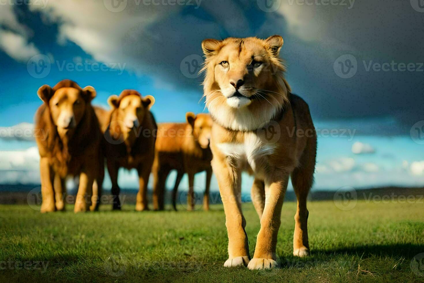 un' gruppo di leoni in piedi nel il erba. ai-generato foto