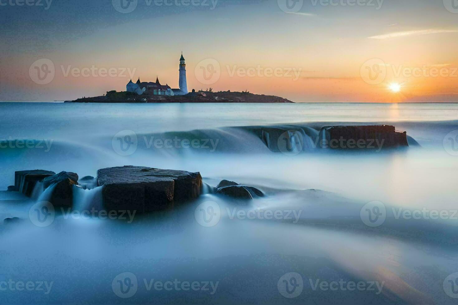 un' faro nel il oceano a tramonto. ai-generato foto