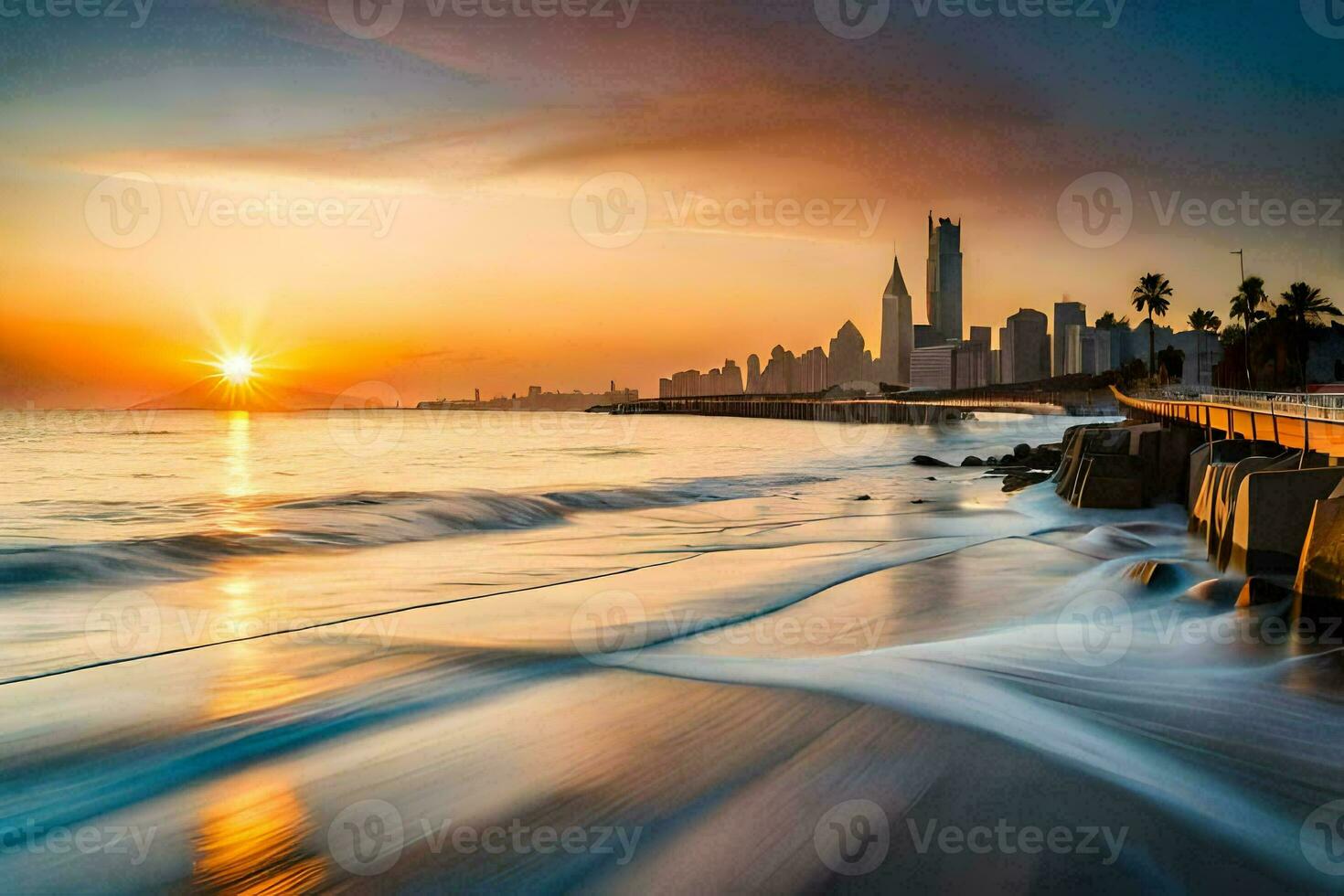 il sole imposta al di sopra di il oceano e città orizzonte. ai-generato foto