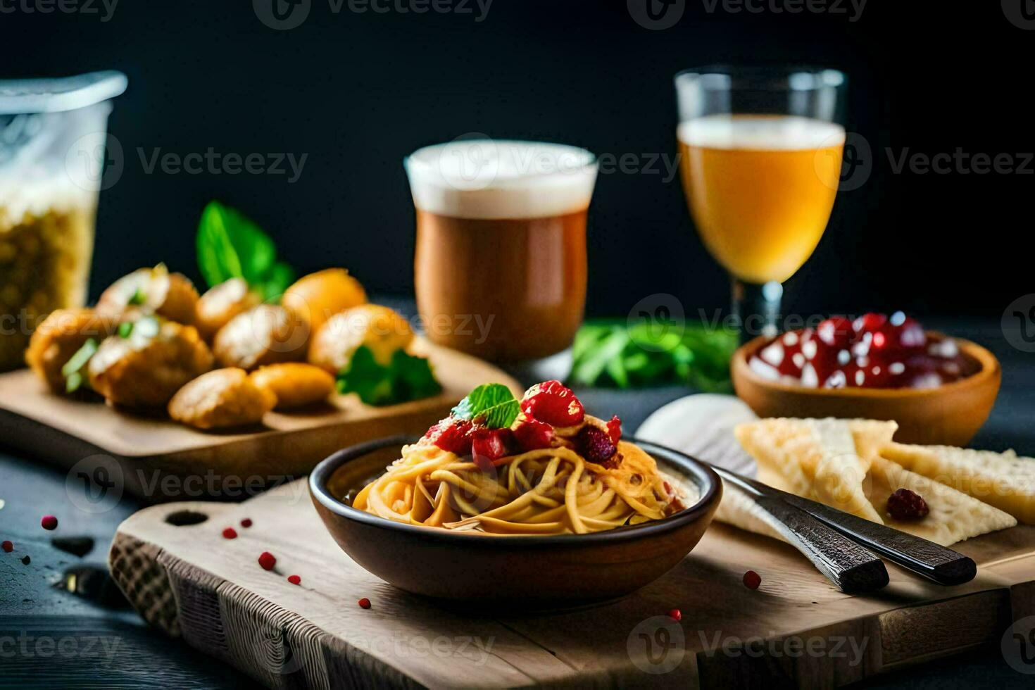 spaghetti, pane, birra e altro cibo su un' di legno tavolo. ai-generato foto