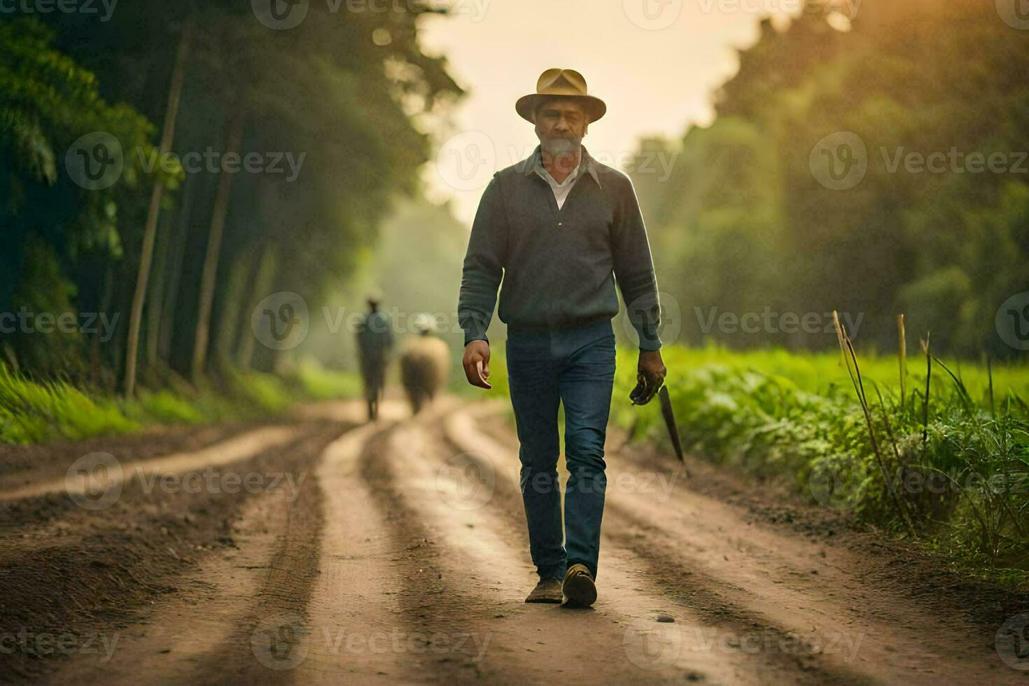 un' uomo a piedi giù un' sporco strada con un' cappello Su. ai-generato foto