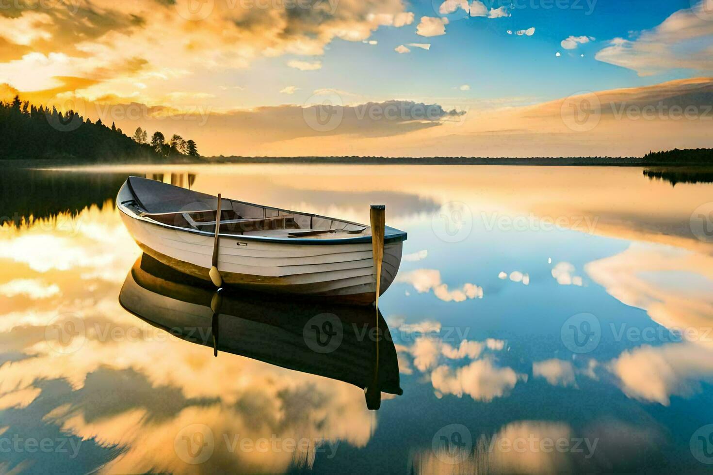 un' barca è seduta su il acqua a tramonto. ai-generato foto