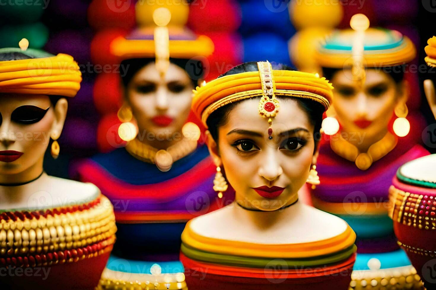 indiano donne indossare colorato copricapi e gioielleria. ai-generato foto