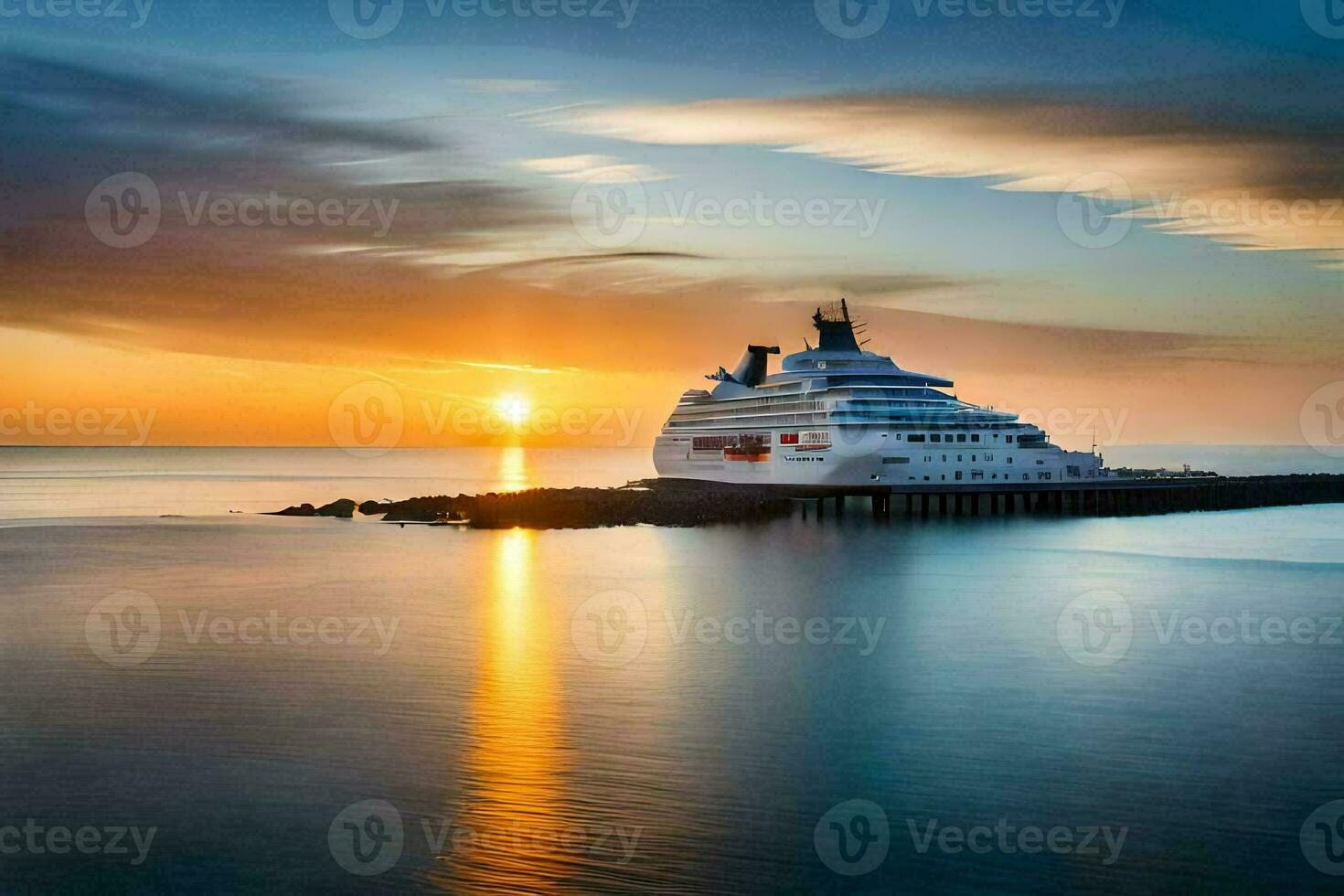 un' crociera nave nel il oceano a tramonto. ai-generato foto