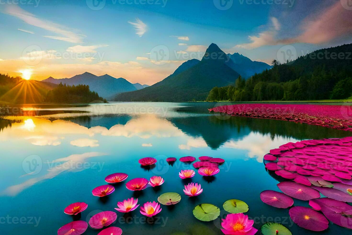 il bellissimo paesaggio di il lago con rosa loto fiori e montagne nel il sfondo. ai-generato foto