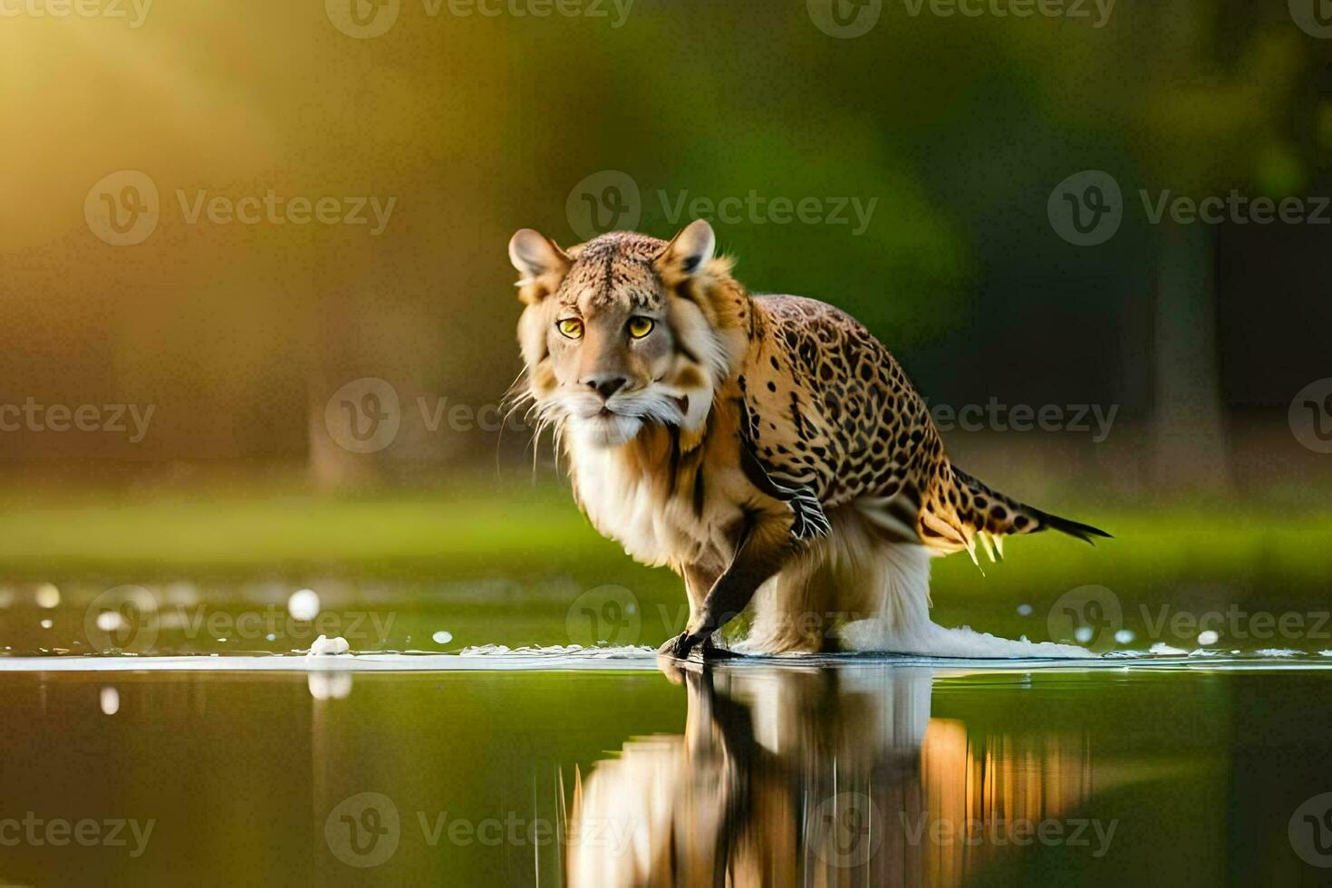 un' leopardo a piedi attraverso un' stagno nel il luce del sole. ai-generato foto