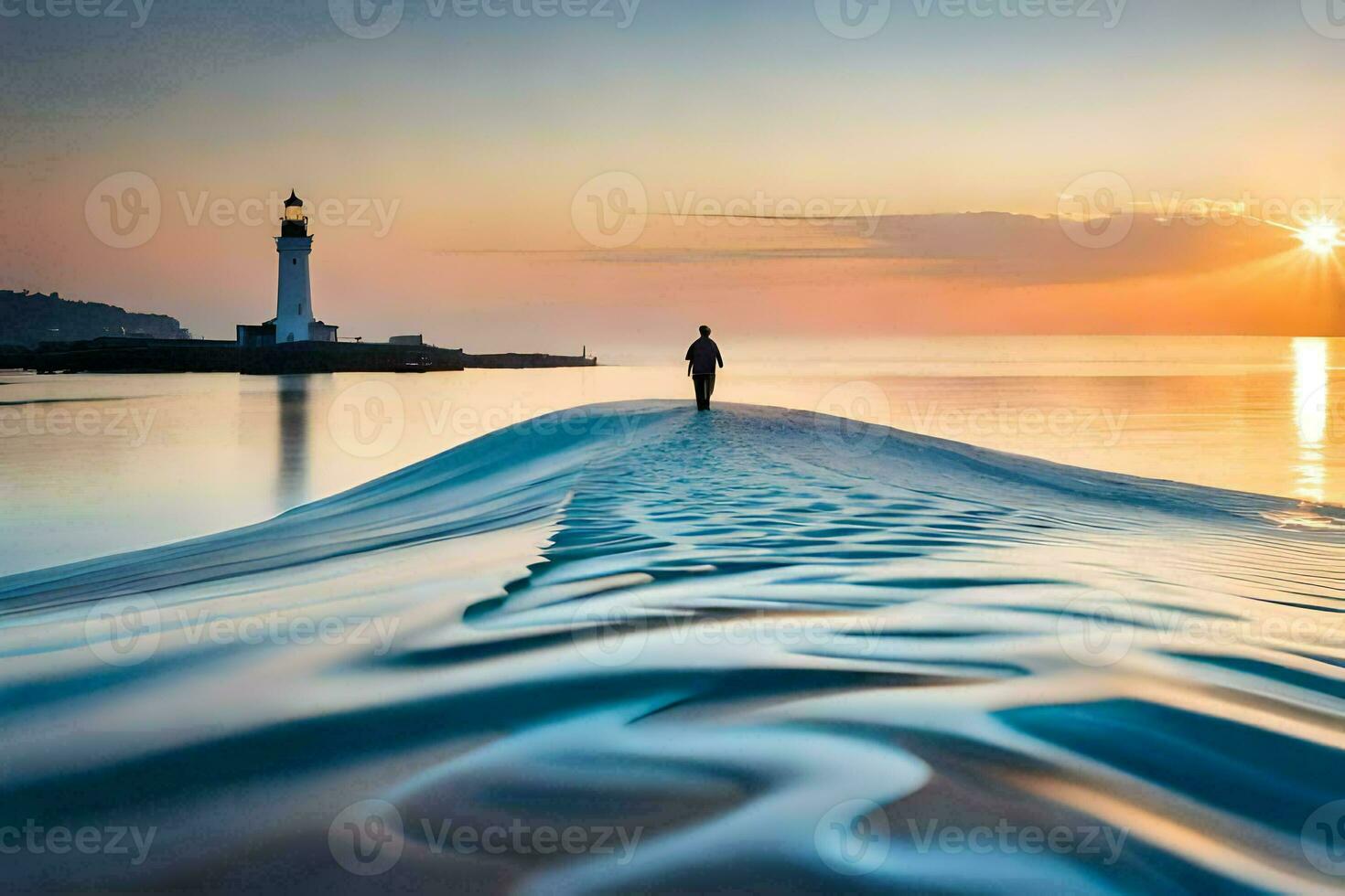 un' uomo a piedi su il spiaggia a tramonto. ai-generato foto